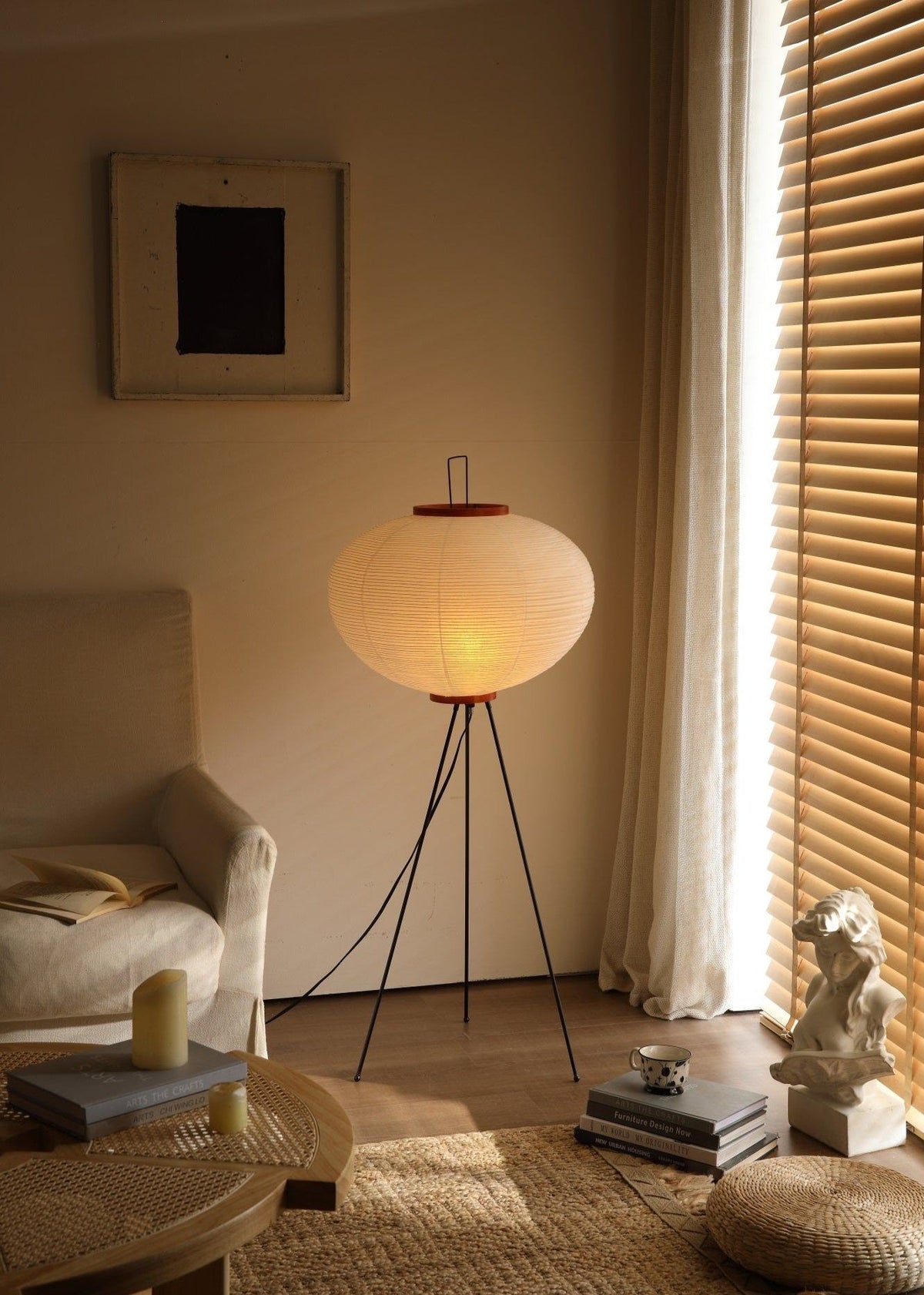 Japandi White Rice Paper Floor Lamp – Bamboo Rib