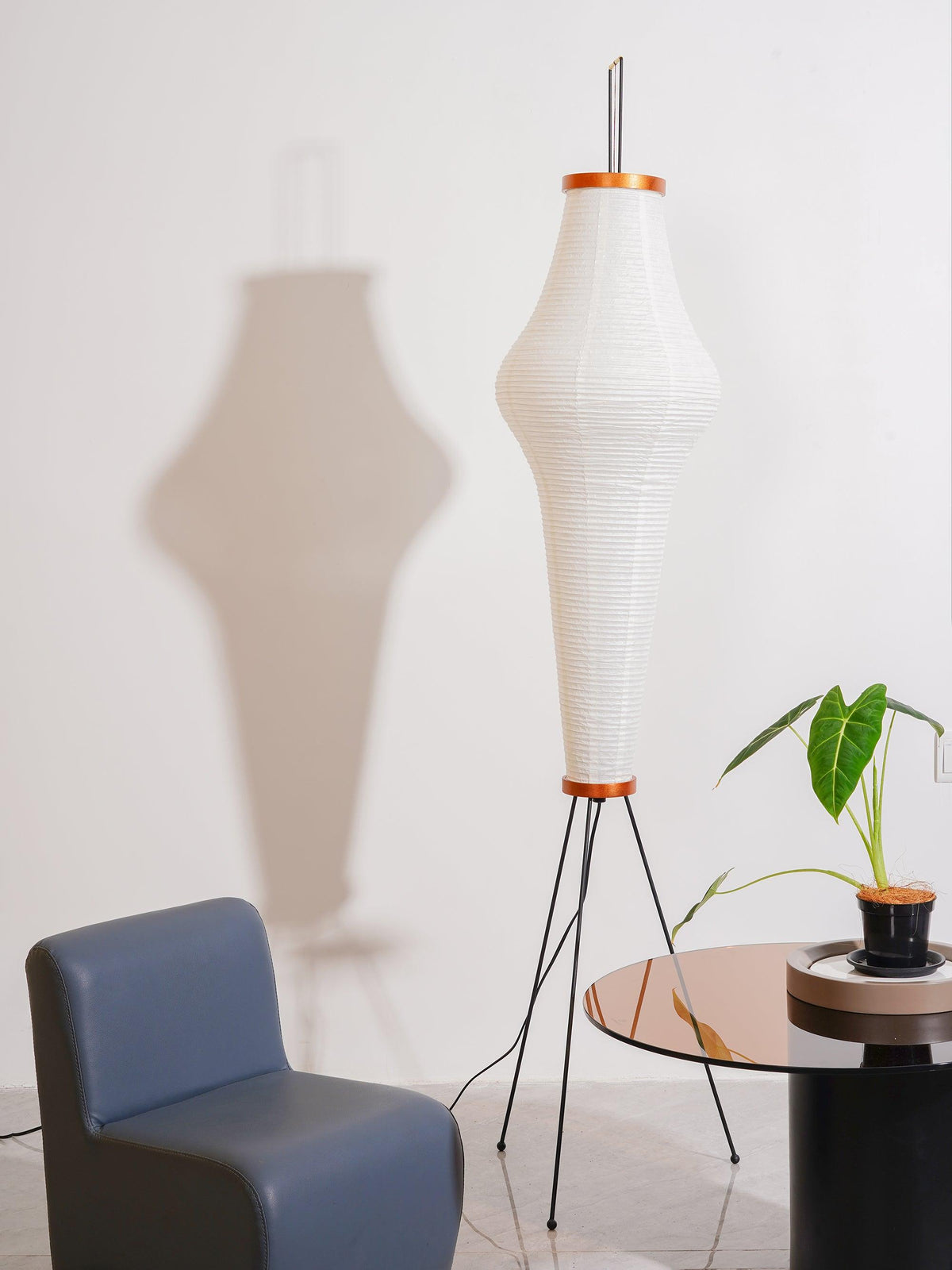 Japandi White Rice Paper Floor Lamp – Bamboo Rib