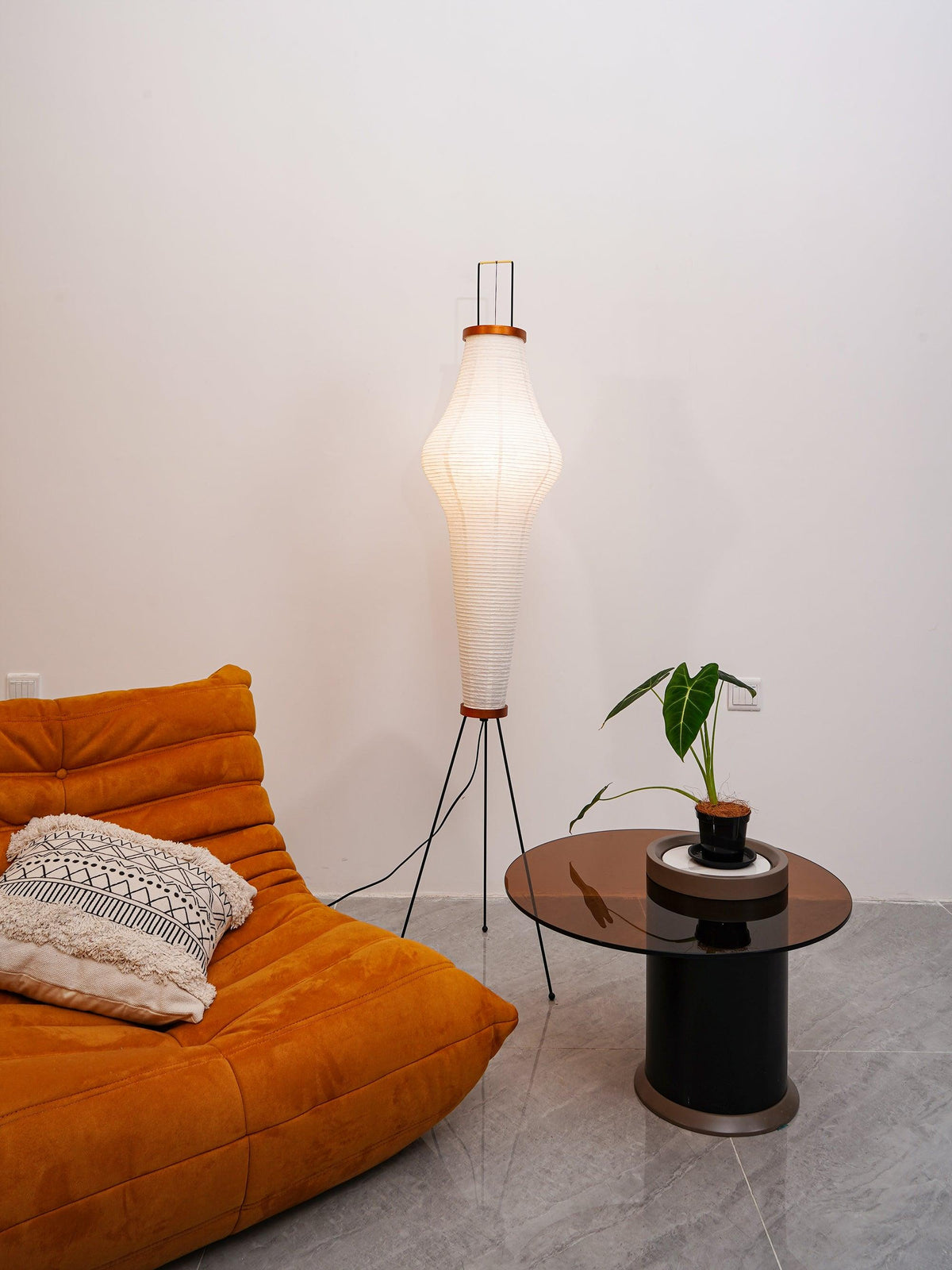 Japandi White Rice Paper Floor Lamp – Bamboo Rib