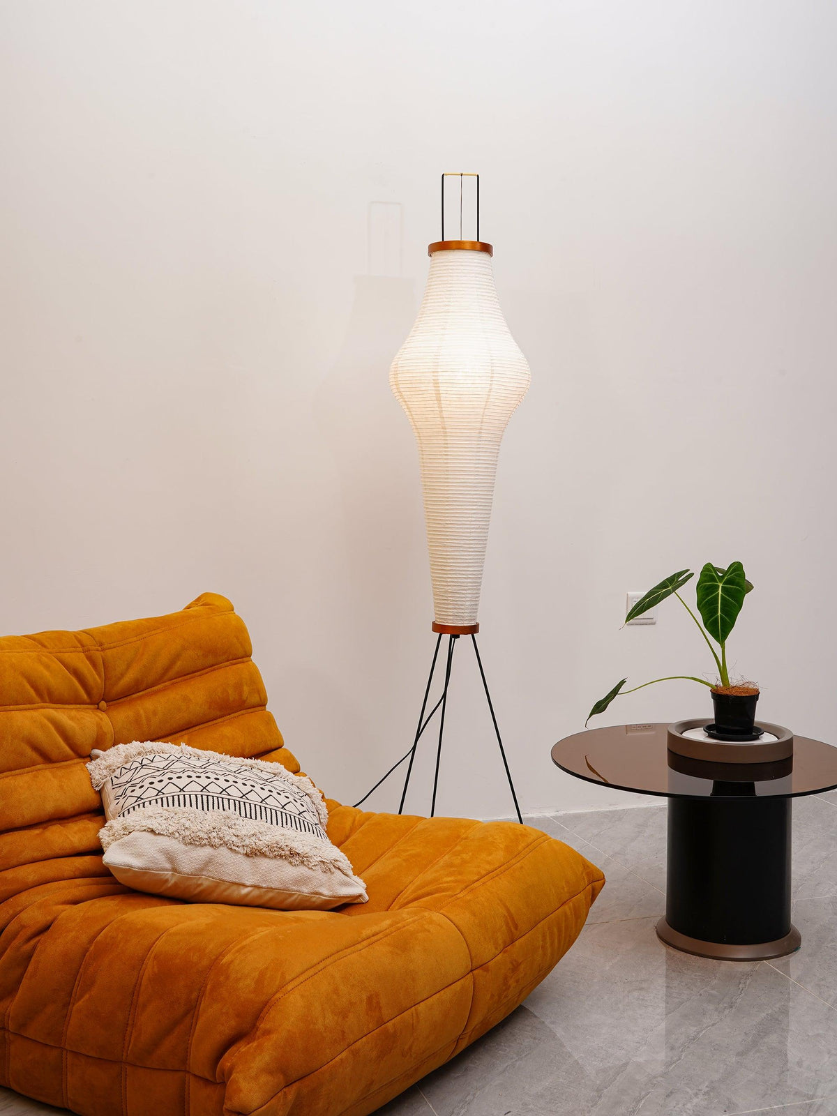 Japandi White Rice Paper Floor Lamp – Bamboo Rib