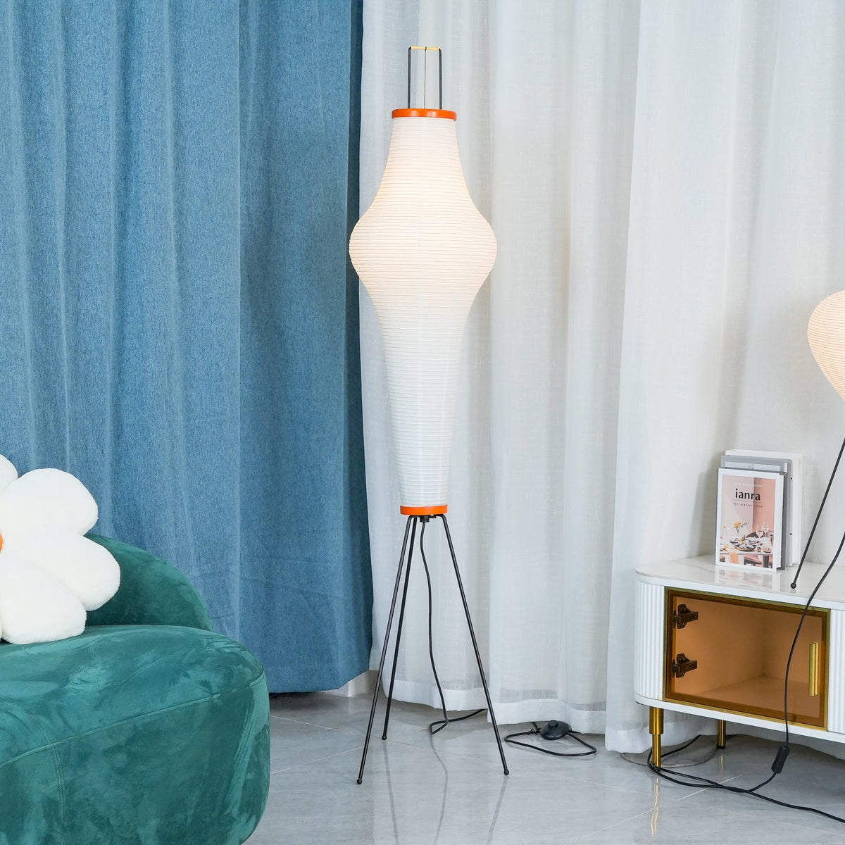 Japandi White Rice Paper Floor Lamp – Bamboo Rib