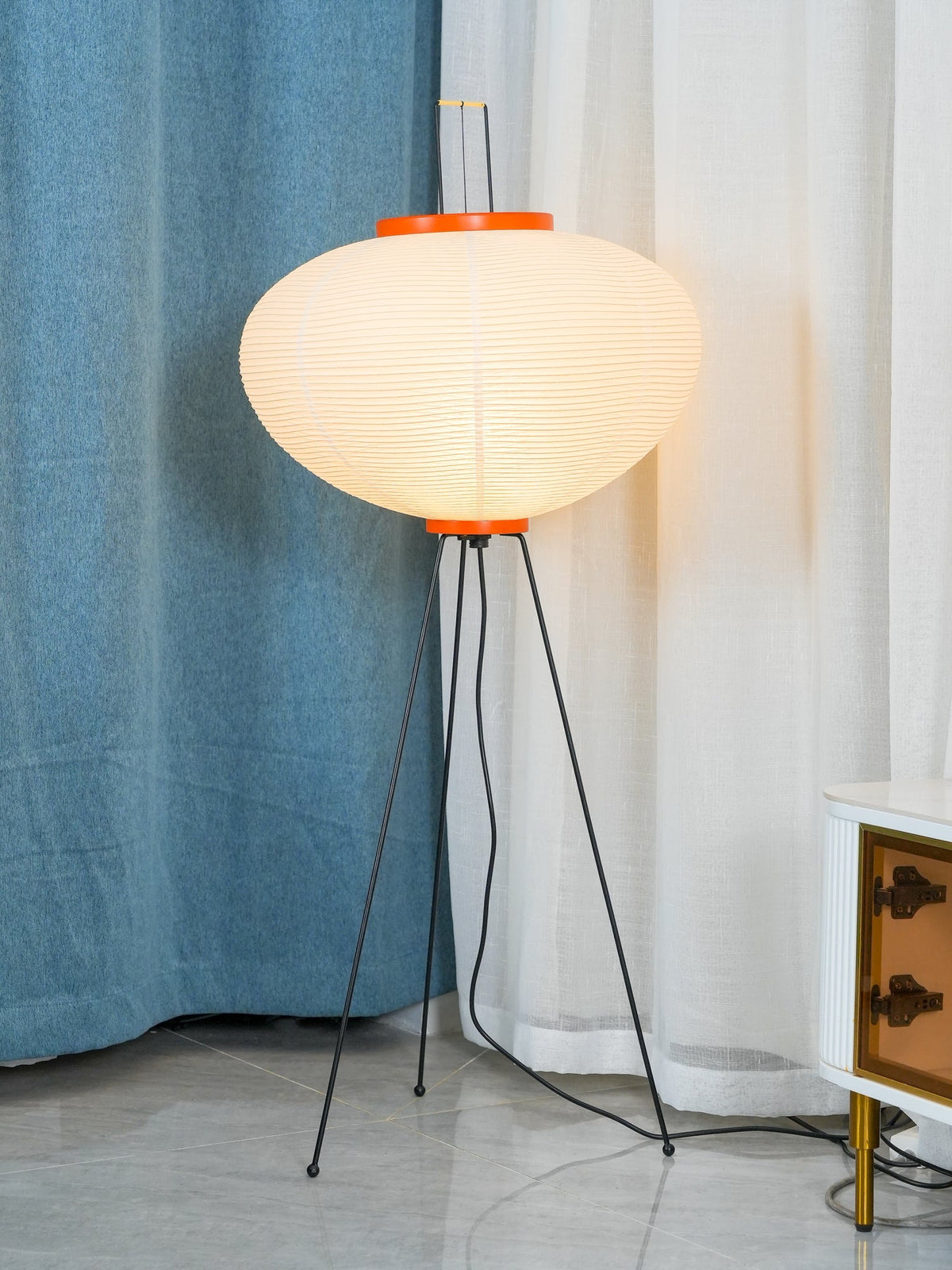 Japandi White Rice Paper Floor Lamp – Bamboo Rib