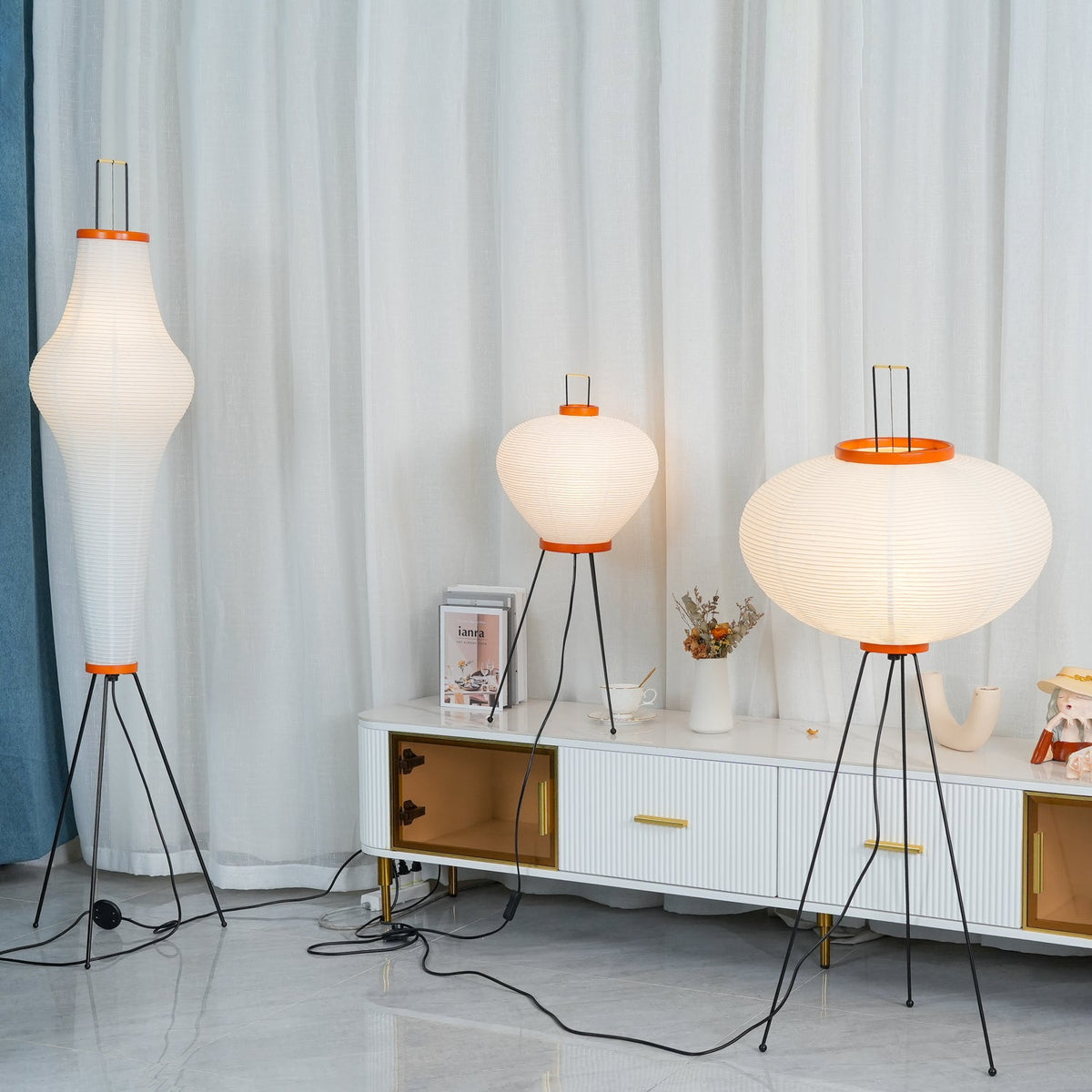 Japandi White Rice Paper Floor Lamp – Bamboo Rib