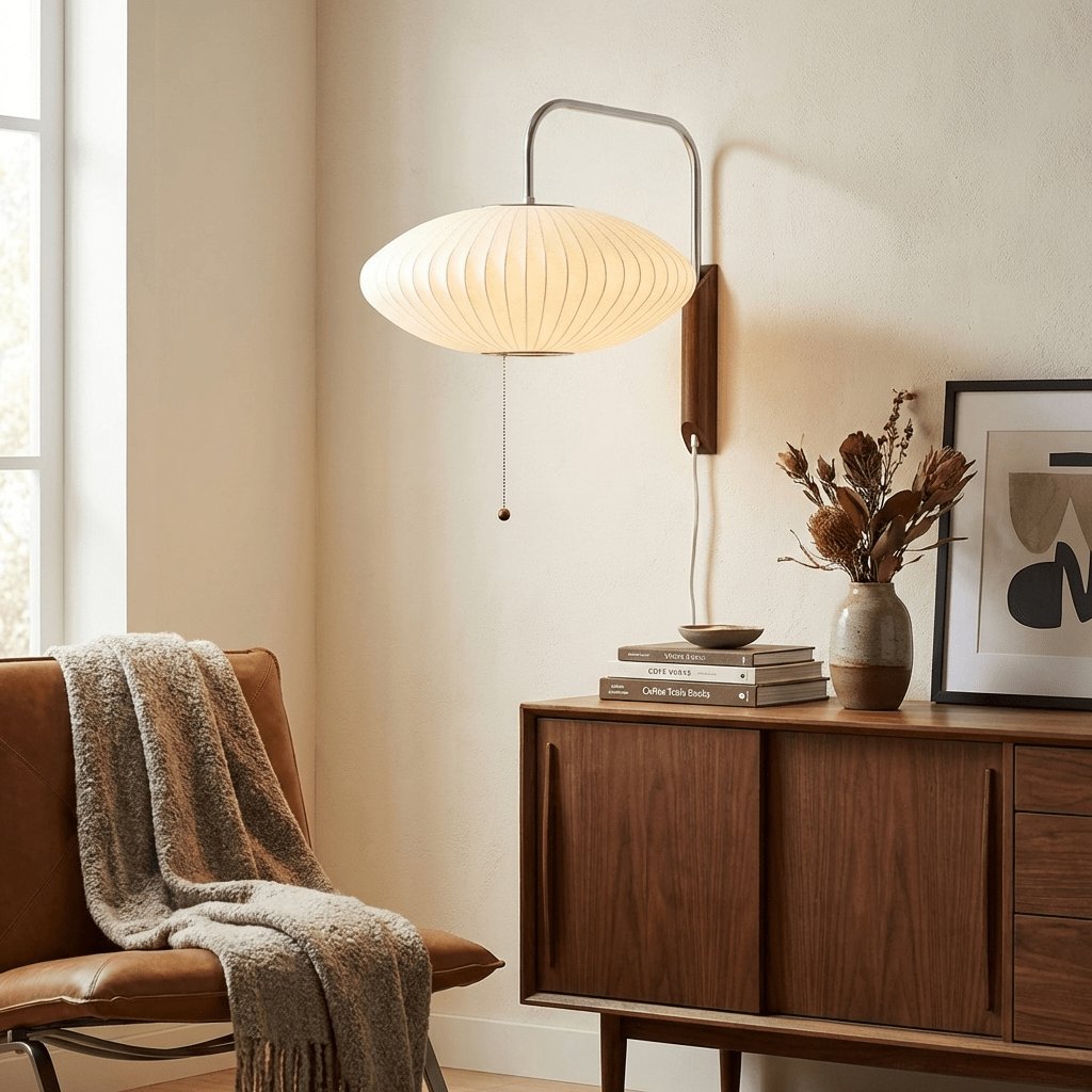 Mid-Century Walnut Bubble Sconce – Swivel Plug-In