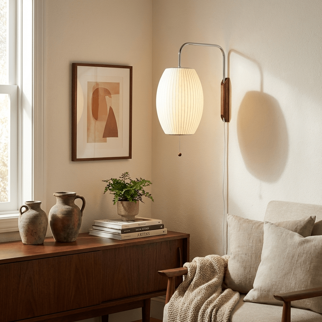 Mid-Century Walnut Bubble Sconce – Swivel Plug-In