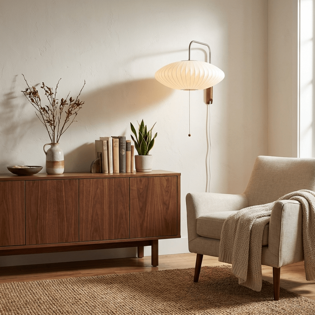 Mid-Century Walnut Bubble Sconce – Swivel Plug-In
