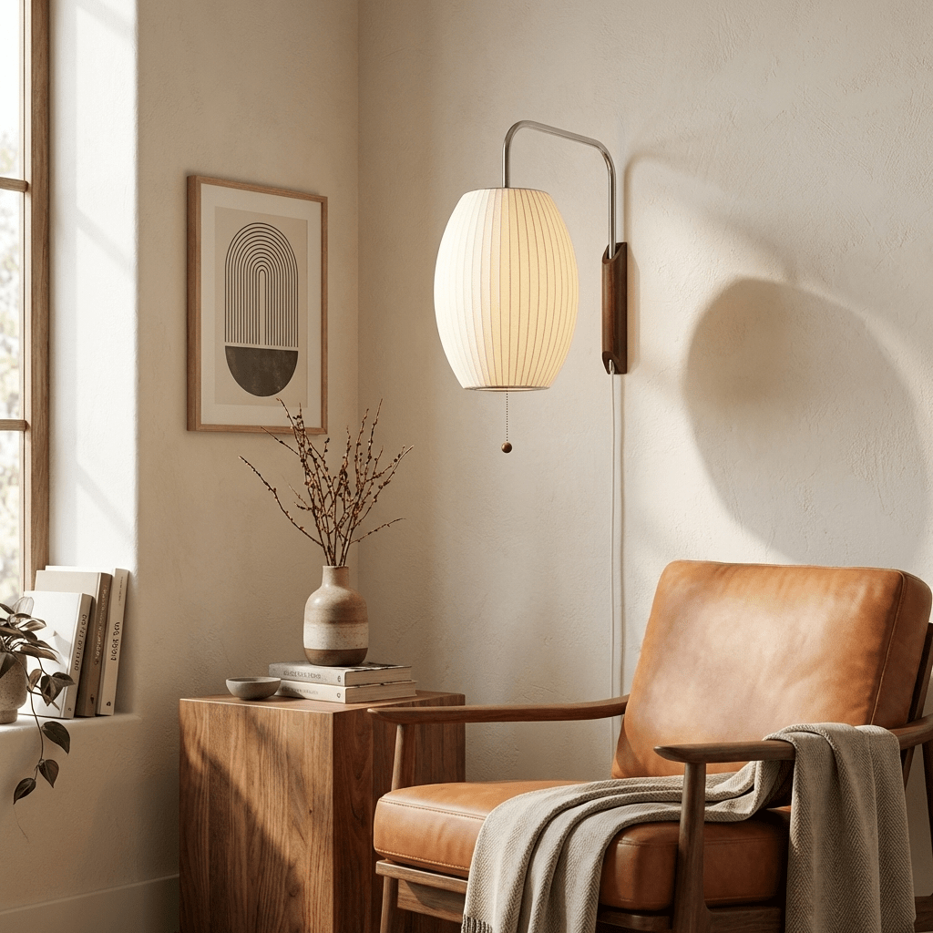 Mid-Century Walnut Bubble Sconce – Swivel Plug-In