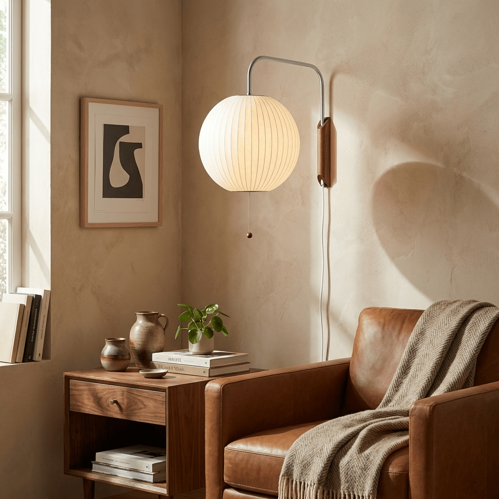 Mid-Century Walnut Bubble Sconce – Swivel Plug-In