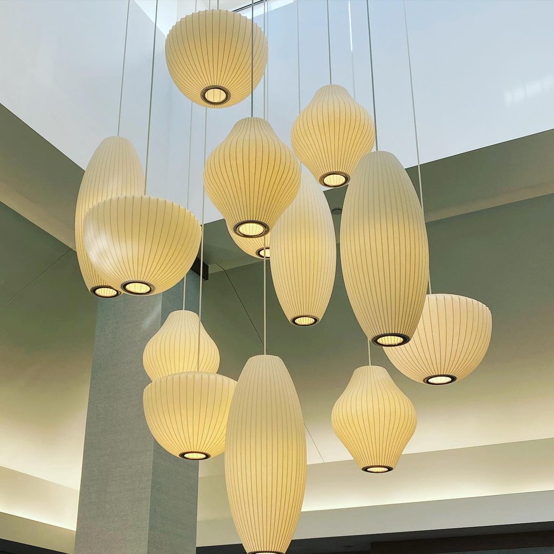 Mid-Century White Silk Pendant – Bubble Wireframe