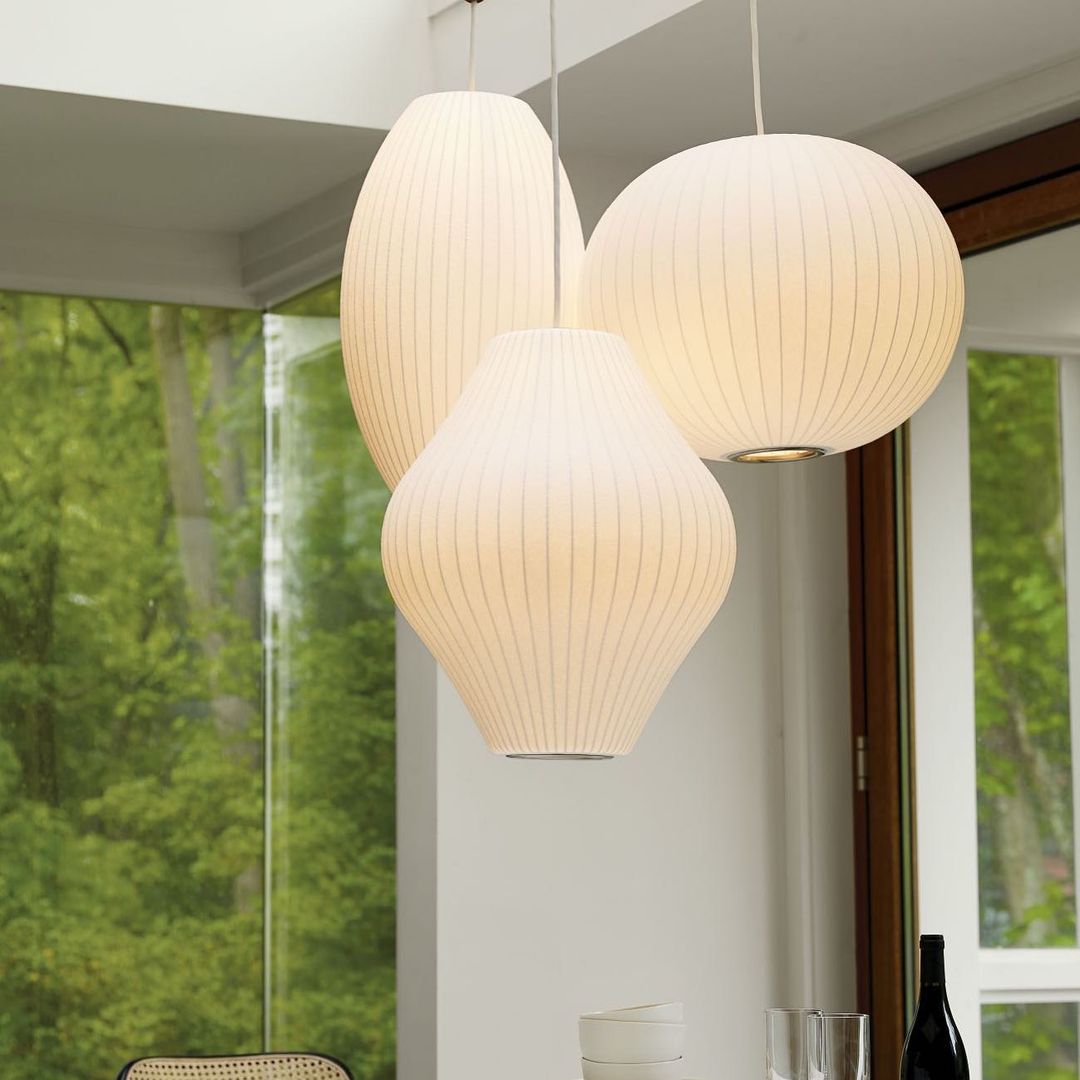 Mid-Century White Silk Pendant – Bubble Wireframe