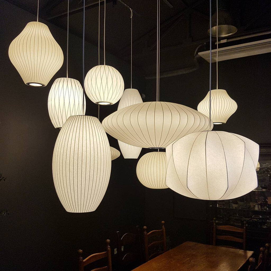 Mid-Century White Silk Pendant – Bubble Wireframe