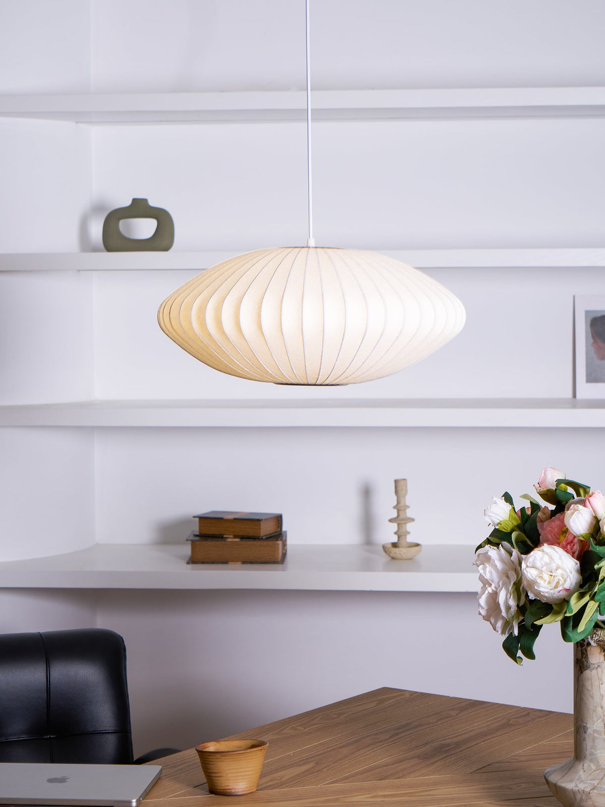 Mid-Century White Silk Pendant – Bubble Wireframe