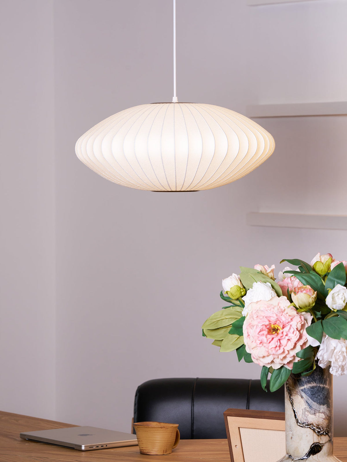 Mid-Century White Silk Pendant – Bubble Wireframe