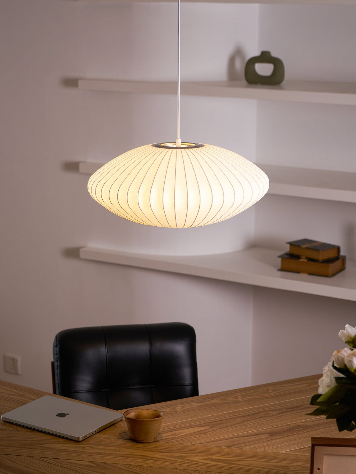 Mid-Century White Silk Pendant – Bubble Wireframe