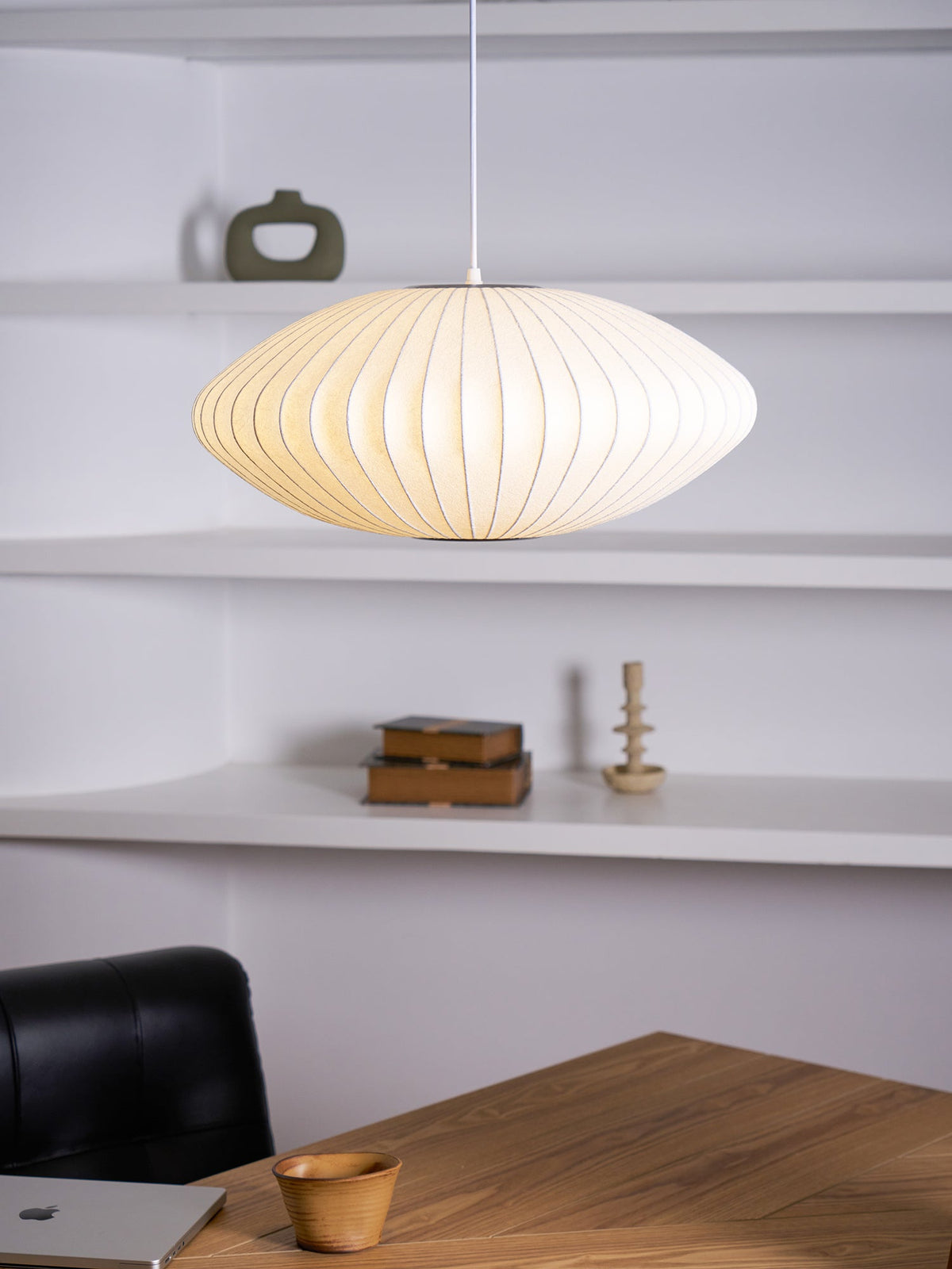 Mid-Century White Silk Pendant – Bubble Wireframe