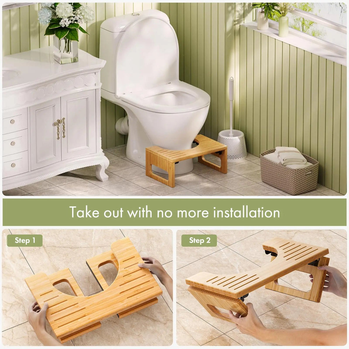 Fenoss® Foldable Bamboo Toilet Stool with Non Slip Base