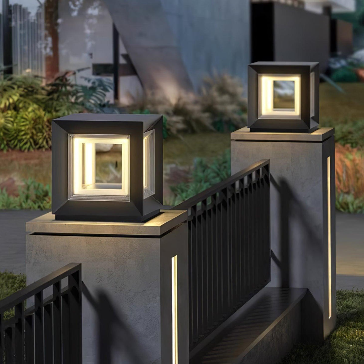 Modern Black Cube Post Light – Solar Pillar Light for Yard