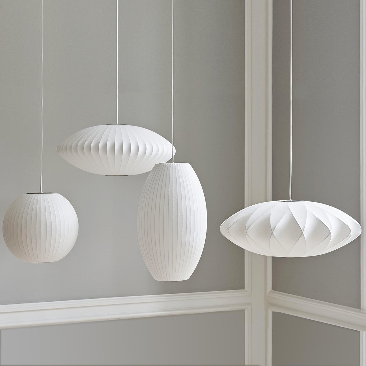 Mid-Century White Silk Pendant – Bubble Wireframe