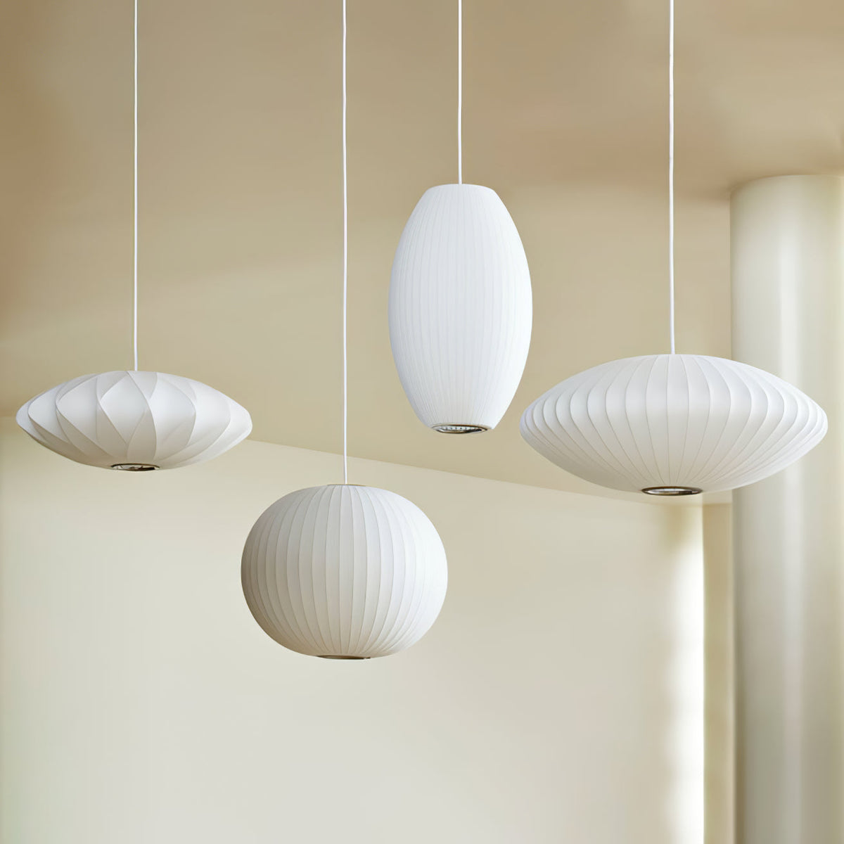 Mid-Century White Silk Pendant – Bubble Wireframe