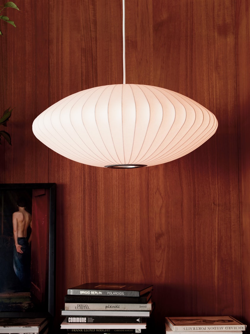 Mid-Century White Silk Pendant – Bubble Wireframe