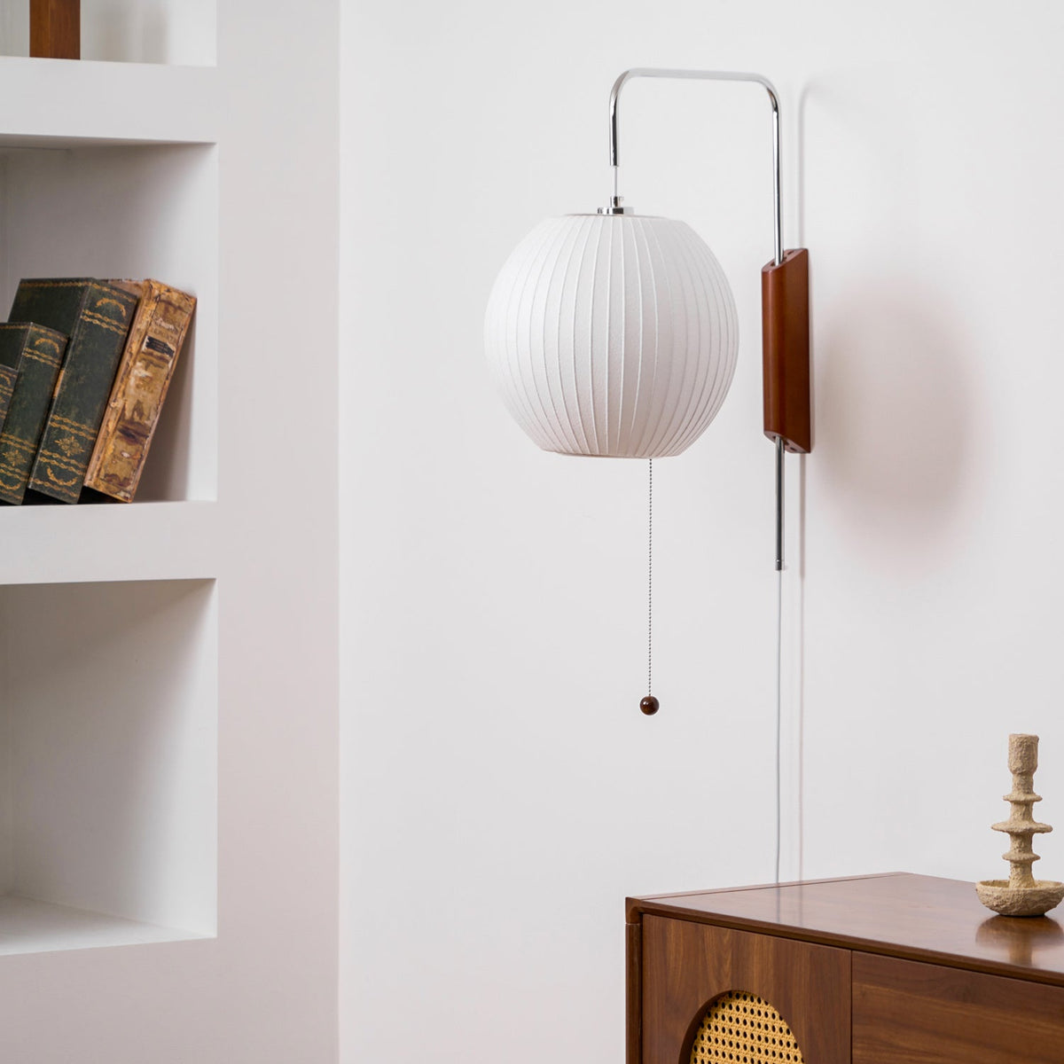 Mid-Century Walnut Bubble Sconce – Swivel Plug-In
