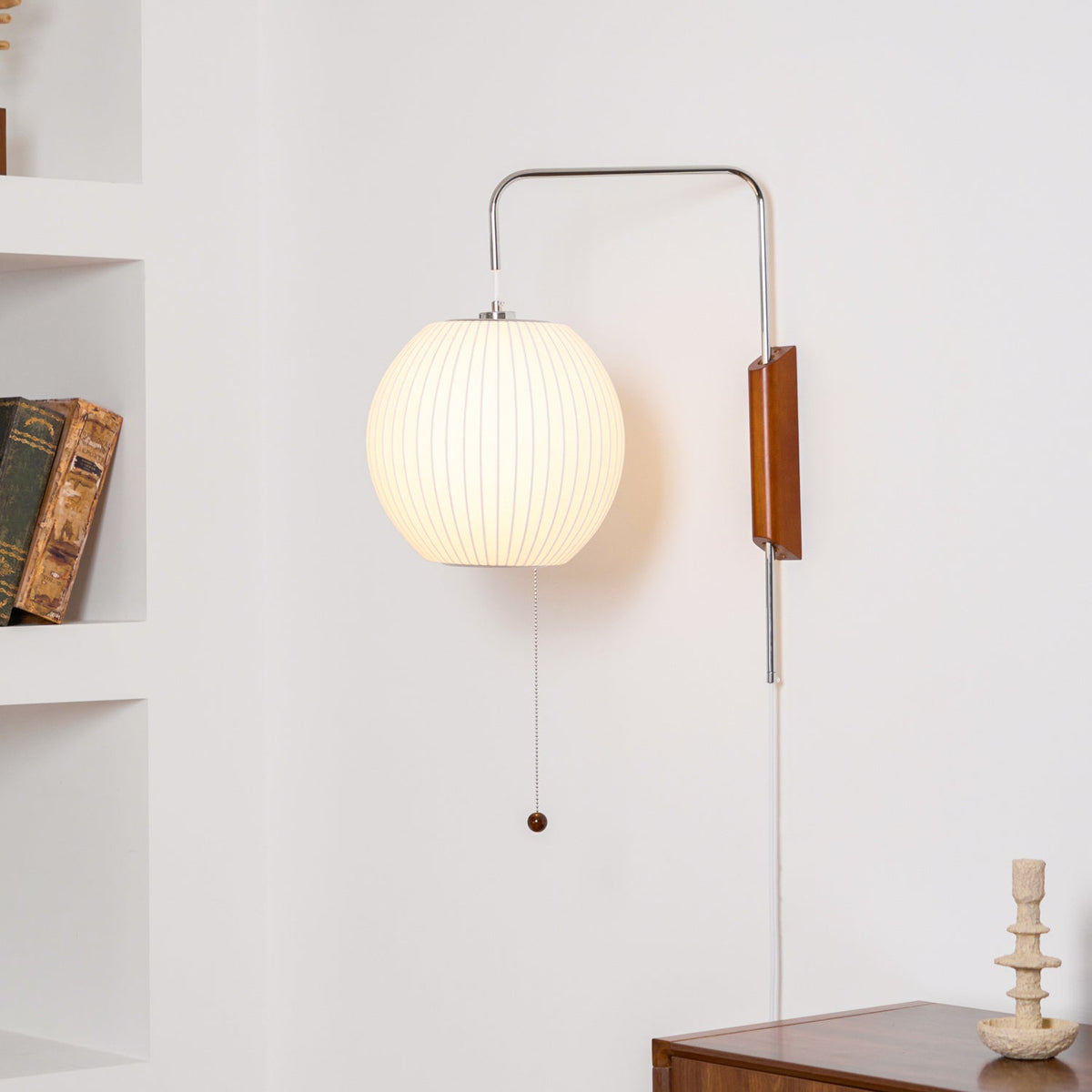 Mid-Century Walnut Bubble Sconce – Swivel Plug-In