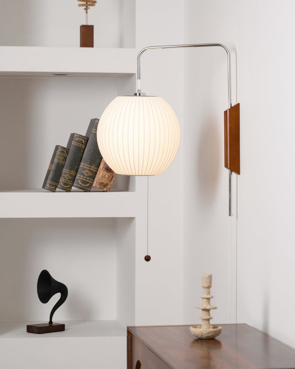 Mid-Century Walnut Bubble Sconce – Swivel Plug-In