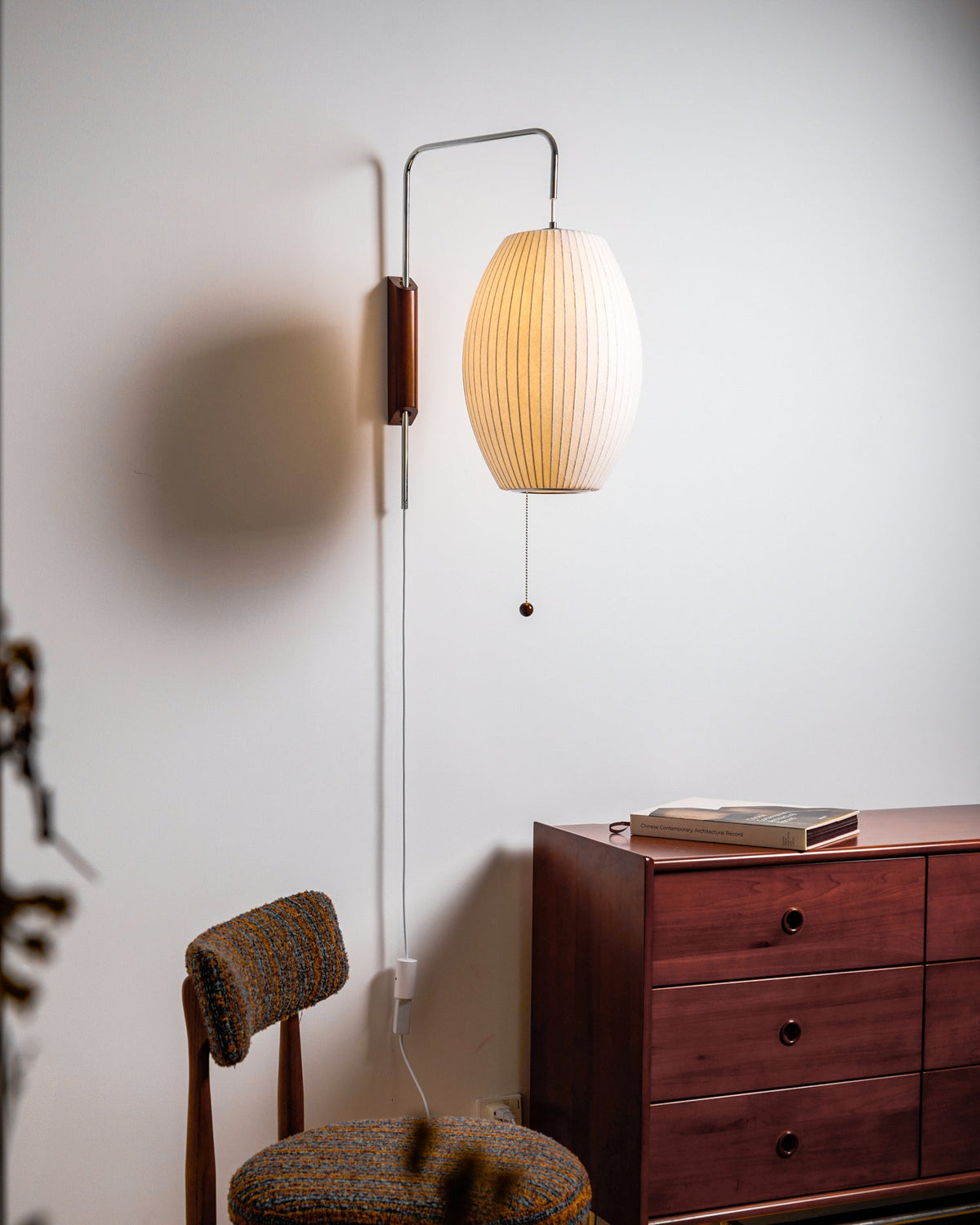 Mid-Century Walnut Bubble Sconce – Swivel Plug-In