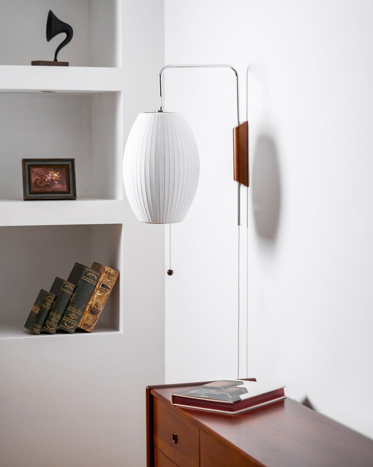 Mid-Century Walnut Bubble Sconce – Swivel Plug-In