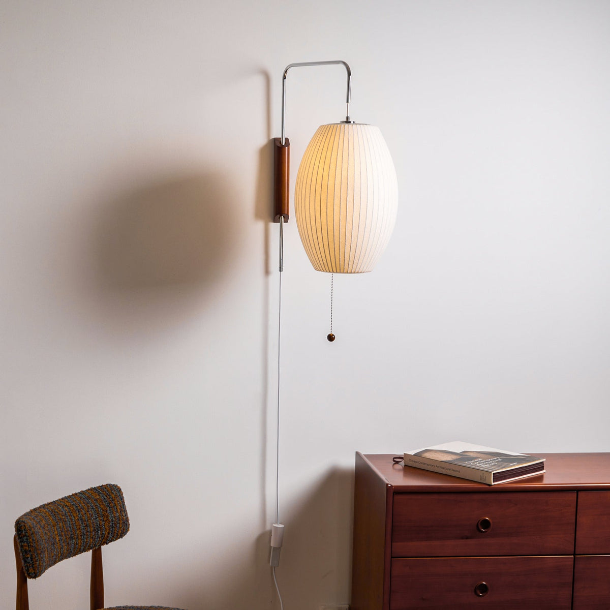Mid-Century Walnut Bubble Sconce – Swivel Plug-In