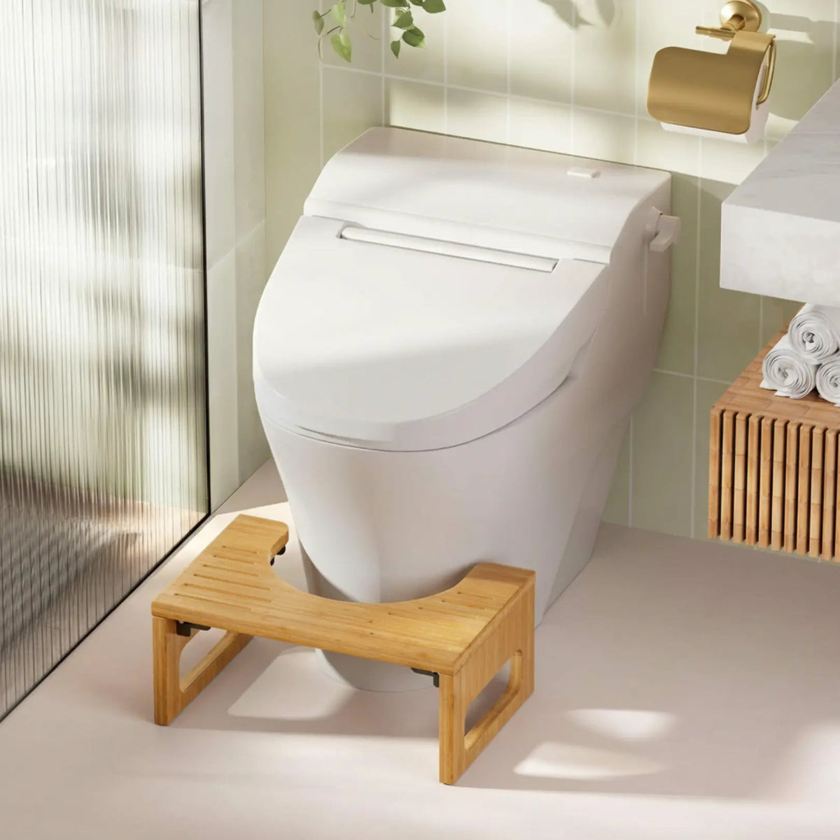 Fenoss® Foldable Bamboo Toilet Stool with Non Slip Base
