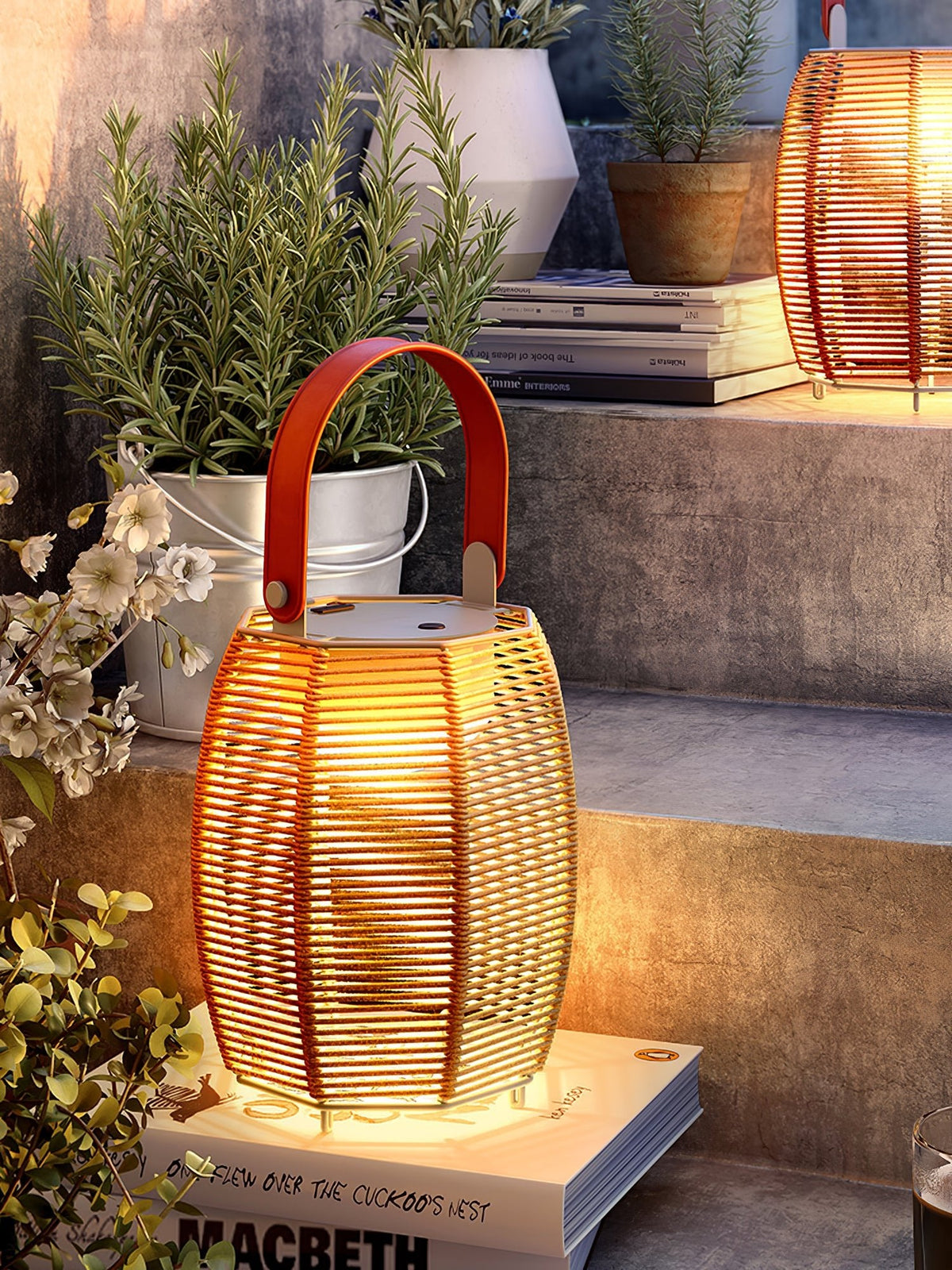 Boho Rattan Lantern Table Lamp – Cordless Lamp for Patio