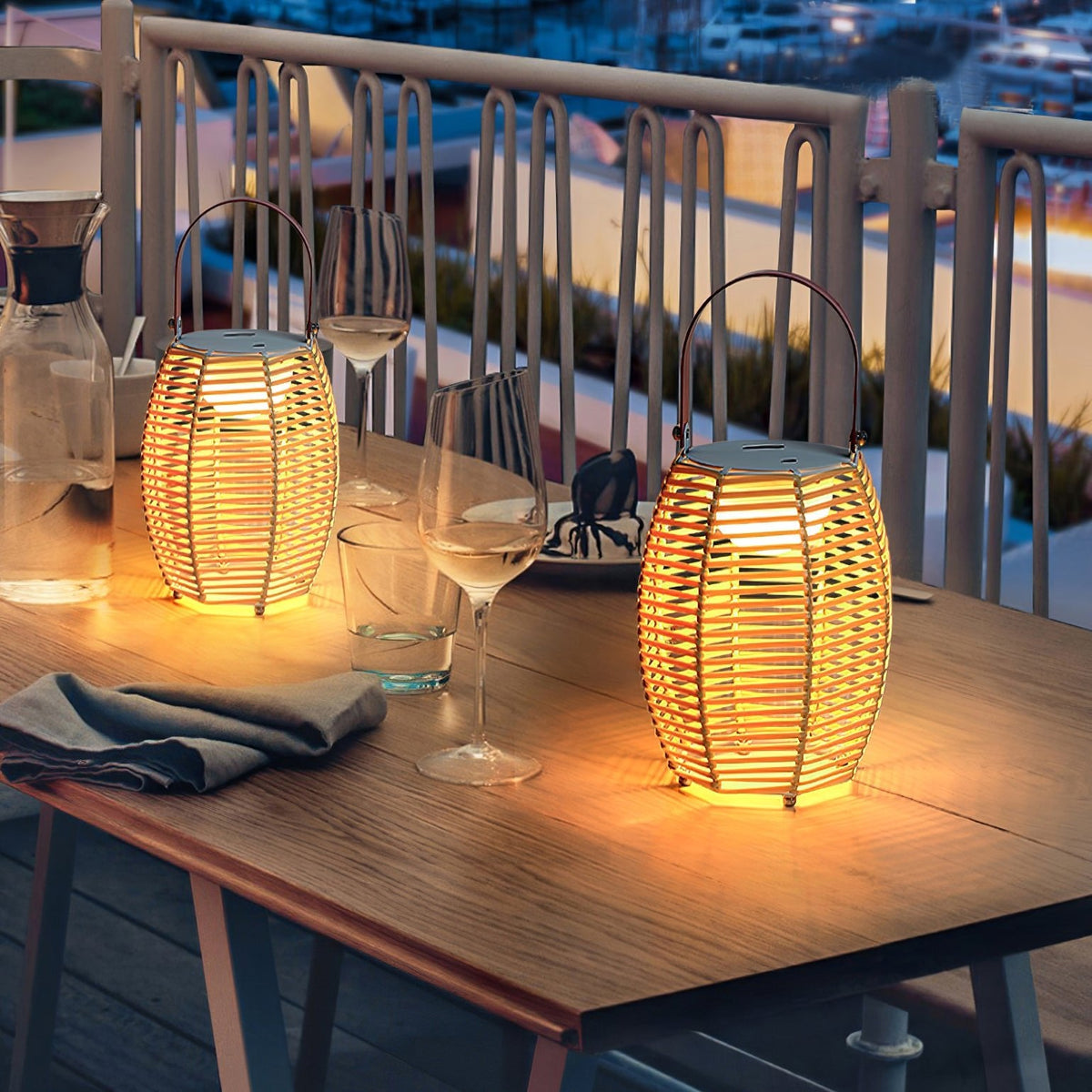 Boho Rattan Lantern Table Lamp – Cordless Lamp for Patio