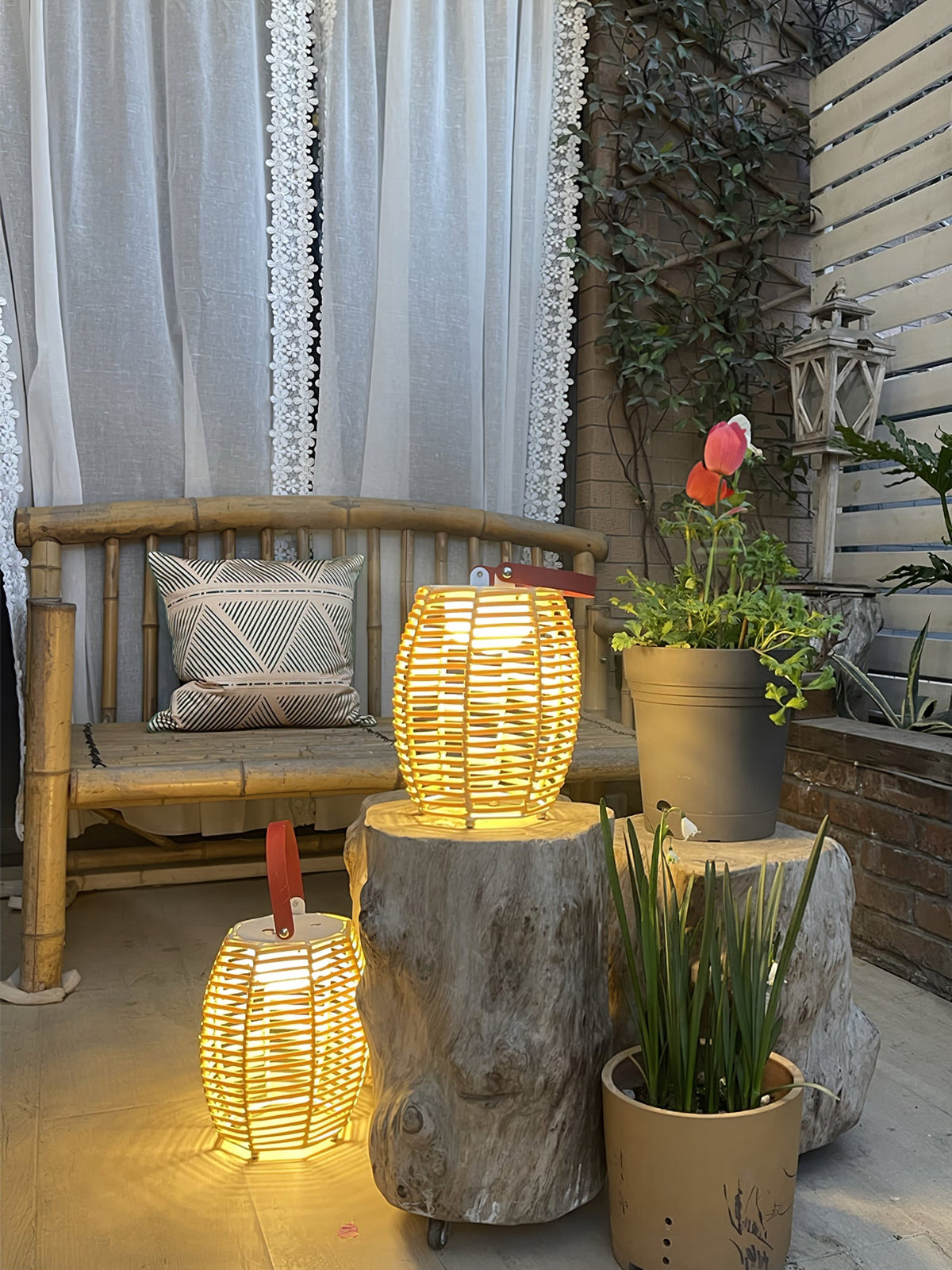 Boho Rattan Lantern Table Lamp – Cordless Lamp for Patio