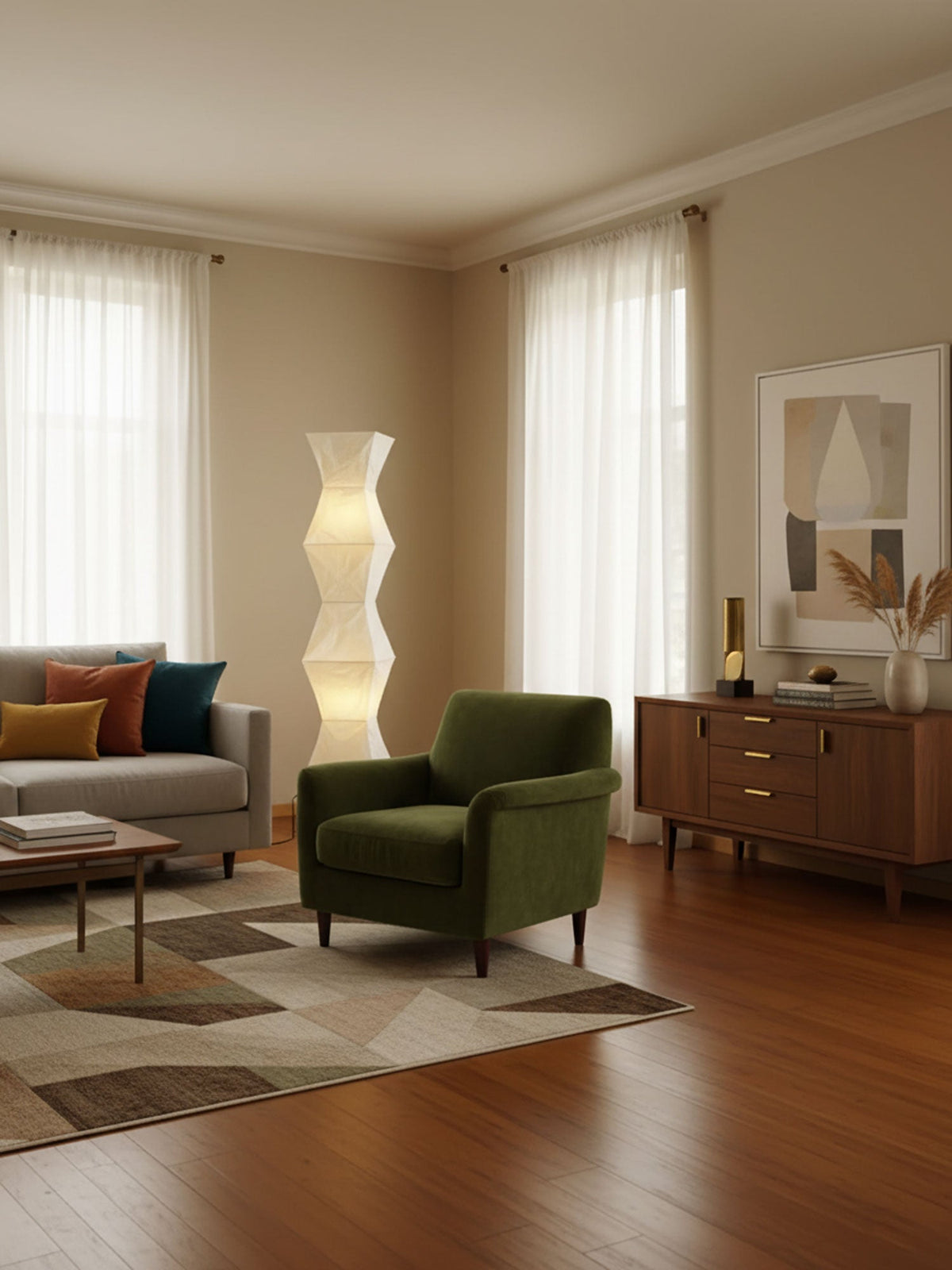 Japandi White Rice Paper Floor Lamp – Bamboo Rib