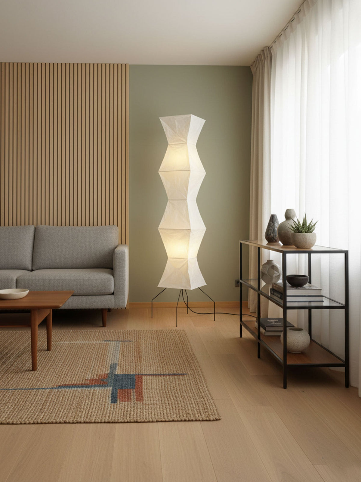 Japandi White Rice Paper Floor Lamp – Bamboo Rib