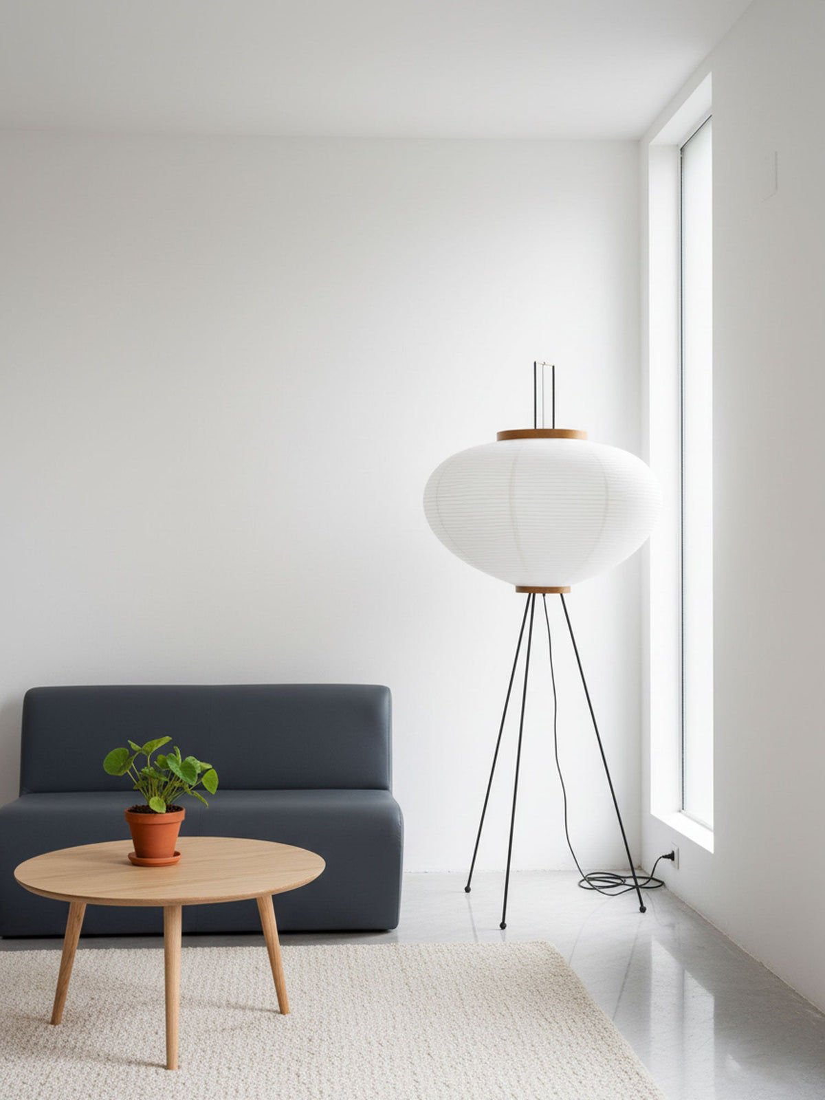 Japandi White Rice Paper Floor Lamp – Bamboo Rib