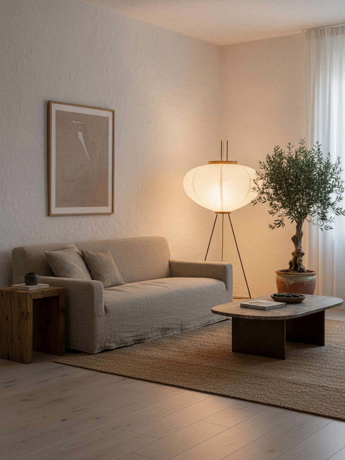 Japandi White Rice Paper Floor Lamp – Bamboo Rib