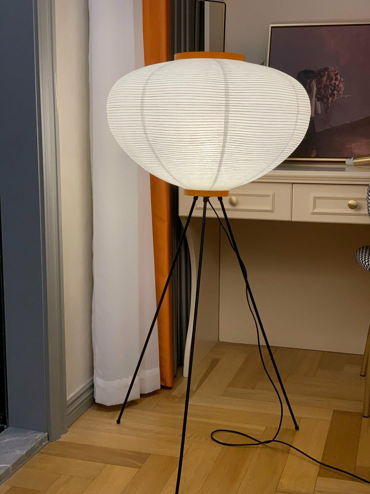 Japandi White Rice Paper Floor Lamp – Bamboo Rib