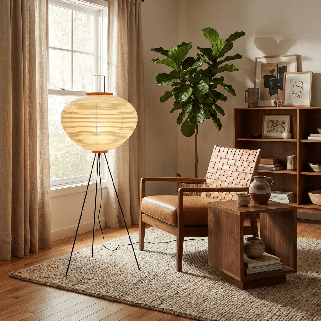Japandi White Rice Paper Floor Lamp – Bamboo Rib