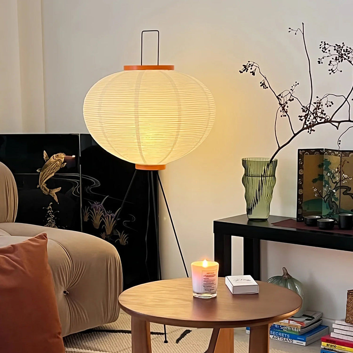 Japandi White Rice Paper Floor Lamp – Bamboo Rib