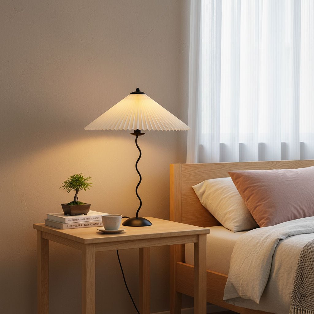 Modern Black Metal Table Lamp – Wavy Pleated Shade