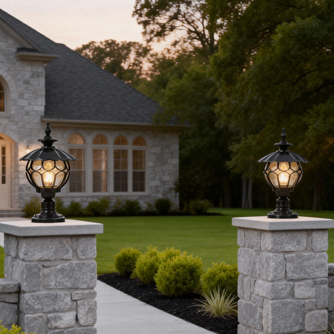 Retro Glass Pillar Light – Floral Solar for Gates