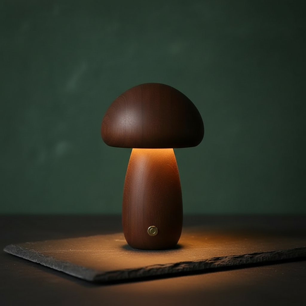 Minimalist Solid Wood Night Light – Mushroom Touch Lamp