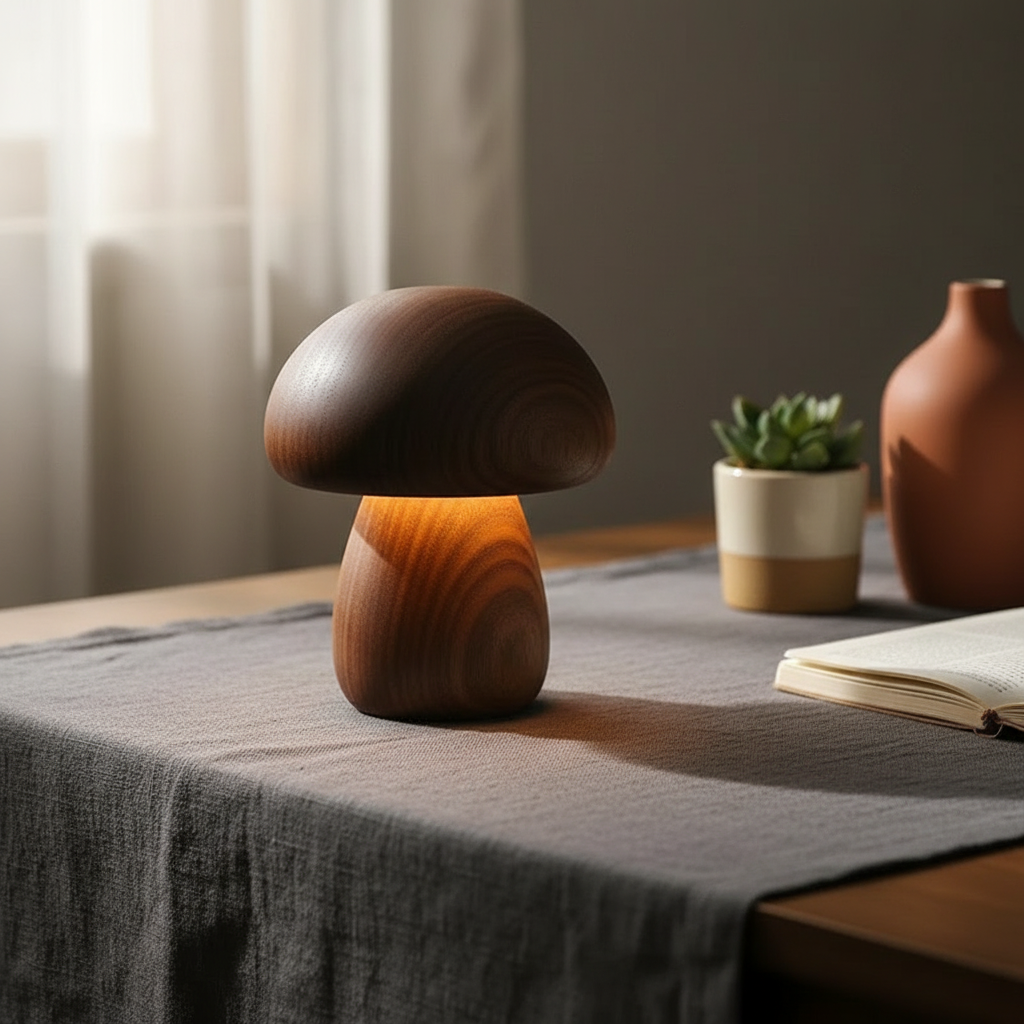 Minimalist Solid Wood Night Light – Mushroom Touch Lamp