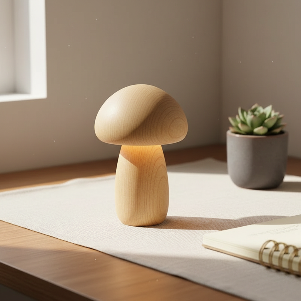 Minimalist Solid Wood Night Light – Mushroom Touch Lamp