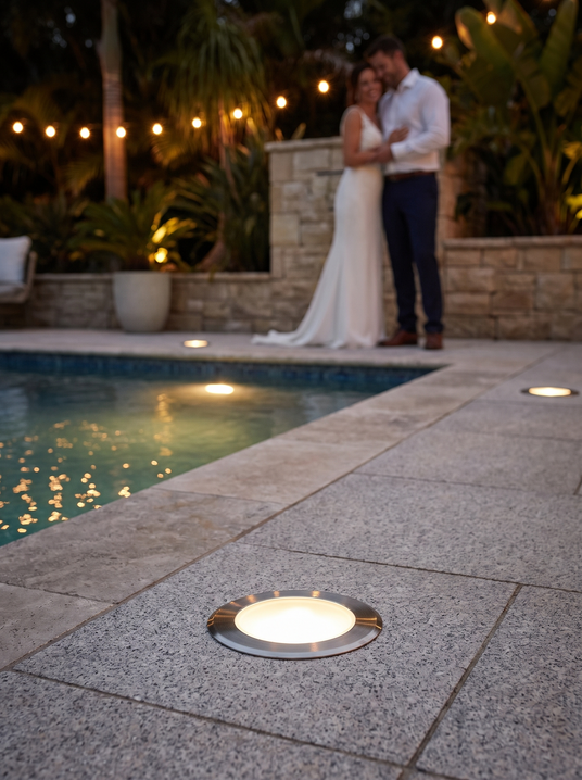 Rosalie well light flush in poolside paving at night