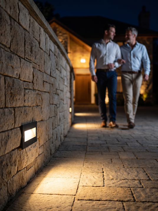 Blanche recessed step light along a driveway wall