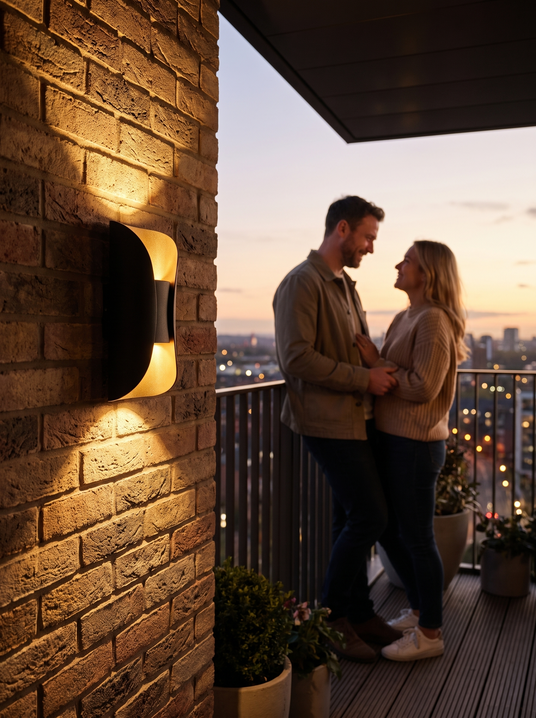Adele wall light on a balcony wall at dusk