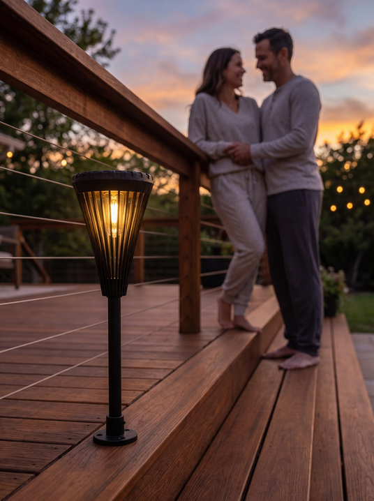 Sidonie pathway light fixed to a deck edge at dusk